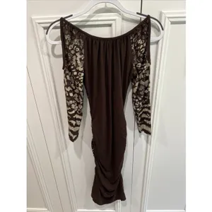 Vintage Cache Tiger Face Bodycon Dress Fierce Wild Brown & Gold‎ Ruched Stretch thumbnail 4