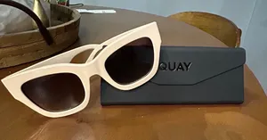 Quay By the Way Oversized Cat Eye Sunglasses Cream Beige Gold Hardware with Case thumbnail 1