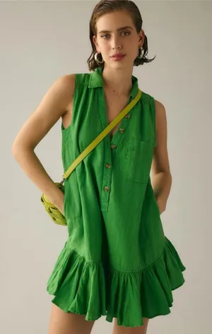 Anthropologie Pilcro Green Sleeveless Ruffle Hem Linen Mini Dress thumbnail 1