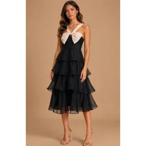 NEW Lulus Black Glamour Organza Tiered Cream Oversized Bow Midi Cocktail Dress thumbnail 3