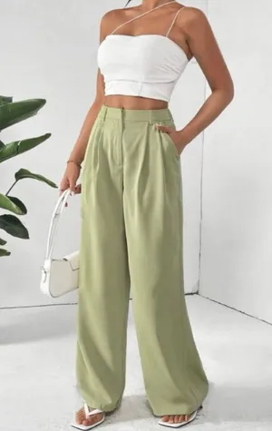 Zara high-rise wide leg pleated green trouser pants with pockets women Size XL thumbnail 16