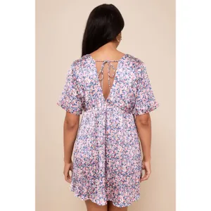 NWT Lulus Express Yourself Blush Pink Floral Print Satin Babydoll Dress Party L thumbnail 3