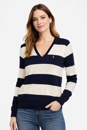 Ralph Lauren Sport Cotton‎ Women's Sweater in Navy and Cream Stripes Size L thumbnail 1