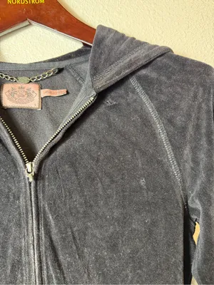 Juicy Couture Y2k black‎ Velour Zip Hoodie Rhinestone Pocket Trim Size S thumbnail 7