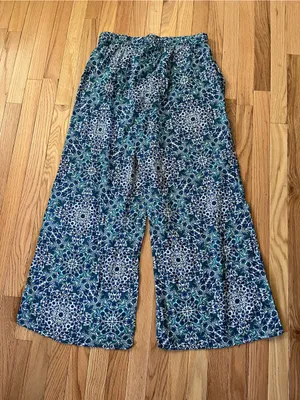 Primark Boho Coastal Wide Leg Pants Medium Blue Tile Print Vacation 100% Cotton Beachy thumbnail 8
