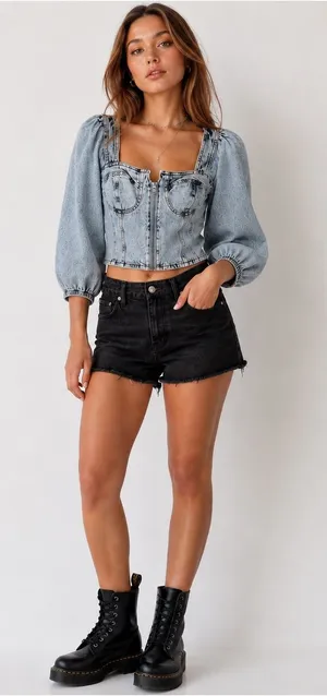 VENUS‎ *Y2K Denim Corset Bustier Crop Top Women’s XL Zip Puff Sleeve Acid Wash thumbnail 1