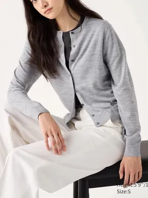 Uniqlo 100% wool cardigan sweater button up heathered gray greige neutral thumbnail 8