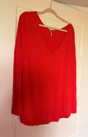 Free People Vibrant Red Long-Sleeve V-Neck Top thumbnail 1