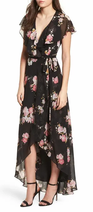 WAYF Palermo Wrap Dress Womens L Black Floral Chiffon High Low Maxi Romantic thumbnail 1