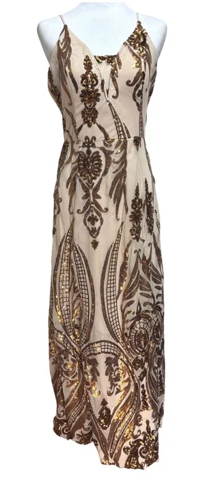 Windsor Sequin Maxi Dress Gold Bronze Damask Formal Prom Gown Art Deco Glam L thumbnail 1