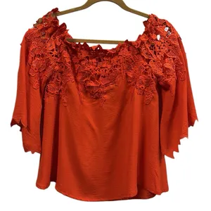 Umgee Red Orange Lace Appliqué Off Shoulder Top Sleeve Detail Womens Small thumbnail 1