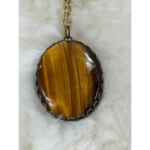 Vintage Tigers Eye Oval Pendant Necklace Gold Tone‎ Chain Boho Statement 24 Inch thumbnail 5