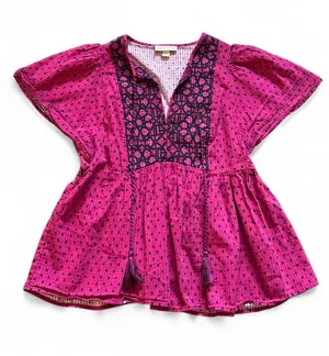 Knox Rose Hot Pink Boho Peasant Top with Black Tassels Size Small thumbnail 1