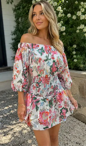 NEW MISA Los Angeles‎ Marta Floral Off-Shoulder Smocked Mini Dress Medium thumbnail 1