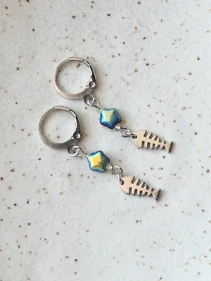 Handmade fish bone & star stainless steel unique funky dangle earrings🌀🐟💙⭐️ thumbnail 4