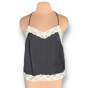 FT Black Satin Camisole Ivory Lace‎ Trim Adjustable Spaghetti Strap Large Top thumbnail 2