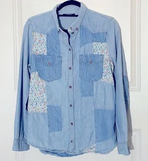 Kookai Chambray Patchwork Button Up Top Medium thumbnail 1