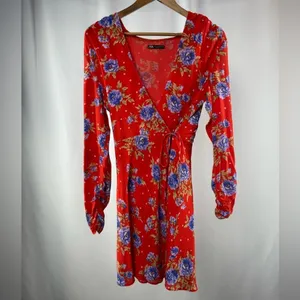 Zara Floral Long Sleeve Mini Wrap Dress in Red‎ Size Medium thumbnail 3
