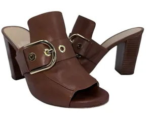 Michael Kors Brown Leather Slip On Open‎ Toe Heels Mules Slides Size 9M Gold thumbnail 1