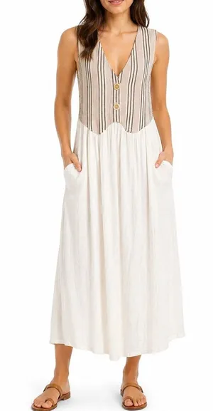 Vintage 90s Linen Rayon Colorblock Maxi Dress Boho Neutral Cottage Patch Pockets thumbnail 1