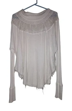 Free People Oversized Distressed Thermal - White, Size Small thumbnail 1