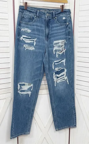 American Eagle Distressed Patched Mom Straight Jeans‎ Blue 10 High Waist thumbnail 1