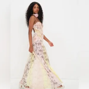 For Love & Lemons Lace Floral Maxi Gown Pastel Multi Pink Yellow NWT M thumbnail 6