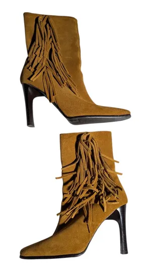 Vtg 1990s Predictions Brown Suede Fringe Trim Block Heel Square Toe Midi Boots 5 thumbnail 1