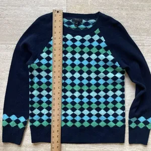 J Crew‎ Women Argyle Crewneck 100% Lambs Wool Sweater Y2K Preppy S Blue Green thumbnail 3