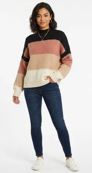 Elan Womens Striped Colorblock Mock Neck Knit Pullover Sweater Size S thumbnail 1