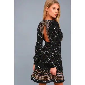 Free People Coryn Black Print Long Sleeve Open Back Flare Boho Mini Dress 0 thumbnail 2