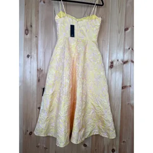 NWT Lulus Meet for Tea Yellow Jacquard Bustier Midi Dress With Pocket Wedding XS thumbnail 7