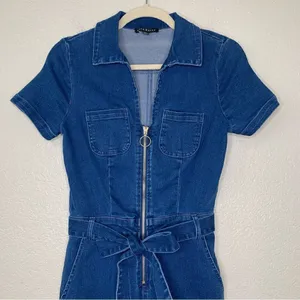 NWOT Haute Monde Zip Up Front Denim Short Sleeves Bodycon Jumpsuit, Sz Small thumbnail 4