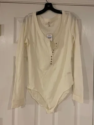 Free People Long Sleeve Henley Bodysuit - Cream thumbnail 1