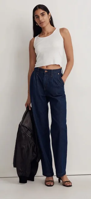 Madewell Baggy Straight Pleated Woodham Dark Wash Denim Jeans Size 26 thumbnail 1