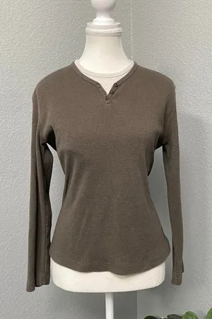 Carolyn Taylor Brown Waffle Knit Long Sleeve Faux Double Layered Y2k Grunge Alt thumbnail 1