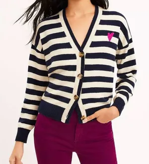 LOFT‎ Navy and Cream Striped Cardigan thumbnail 1
