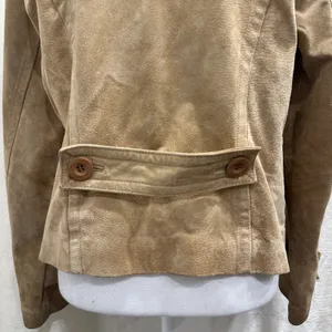 Y2K Live a Little Tan Suede Leather Double Breasted Pea Coat Jacket Small Preppy thumbnail 9