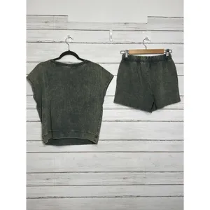 Zenana Acid Wash T-Shirt & Shorts Matching Set Small Dark Green Cotton Lounge thumbnail 3