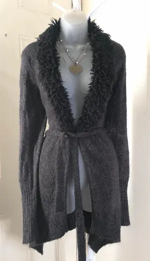 Whimsygoth grey black faux fur collar belted long penny lane cardigan long sleeve grunge ren faire-L #y2k #gothic Measurements in pics Necklace not included thumbnail 1