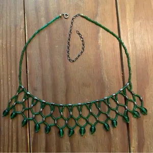 Green Beaded Statement Bib Necklace, Vintage Art Nouveau Summer Spring Jewelry thumbnail 1