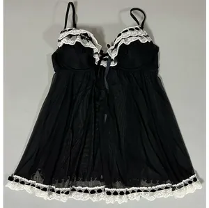 Jezebel Black White Ruffle Lace Sheer Babydoll Nightie Lingerie Nightgown Dress Size S 🖤 thumbnail 2