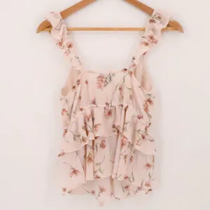 Floral Ruffle Milkmaid‎ Babydoll Top Womens Size S Pink Coquette Fiary Chiffon thumbnail 6