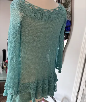 Teal Open Weave Ruffled Knit Tunic Sweater thumbnail 4