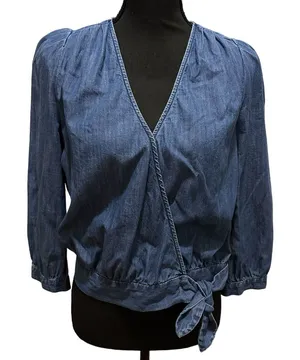 Madewell‎ Denim Wrap Top 70s Retro Style Crop 3/4 Sleeve V-Neck Mid Blue Small thumbnail 1