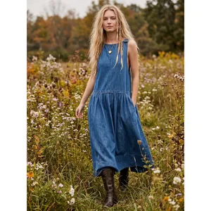 Free People XL Retro 90s Soraya Light Denim Sky Drop Waist Midi Jumper Dress thumbnail 3