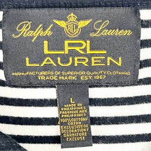 LAUREN RALPH LAUREN Black White Striped Long V-Neck Button Accent Top Large thumbnail 3