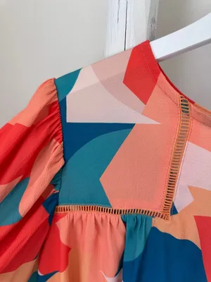 Vici Teal, Orange & Cream Abstract Balloon-Sleeve Blouse thumbnail 7