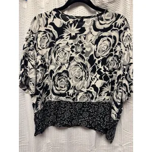 Women Draper and Damons PXL Rayon Black Off White‎ Floral Button Pullover Blouse thumbnail 8