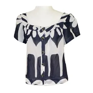 ✨J.Crew Point Sur Ratti Wave Navy Blue White Button Front Poplin Sz XS Top✨ thumbnail 4